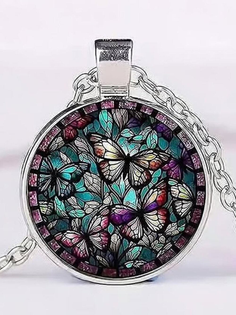 Silver BUTTERFLY Glass Cabochon Pendant Necklace